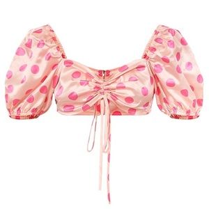 Light Pink Polka Dot Printed Satin Ruched Tie Front Puff Sleeve Crop Top